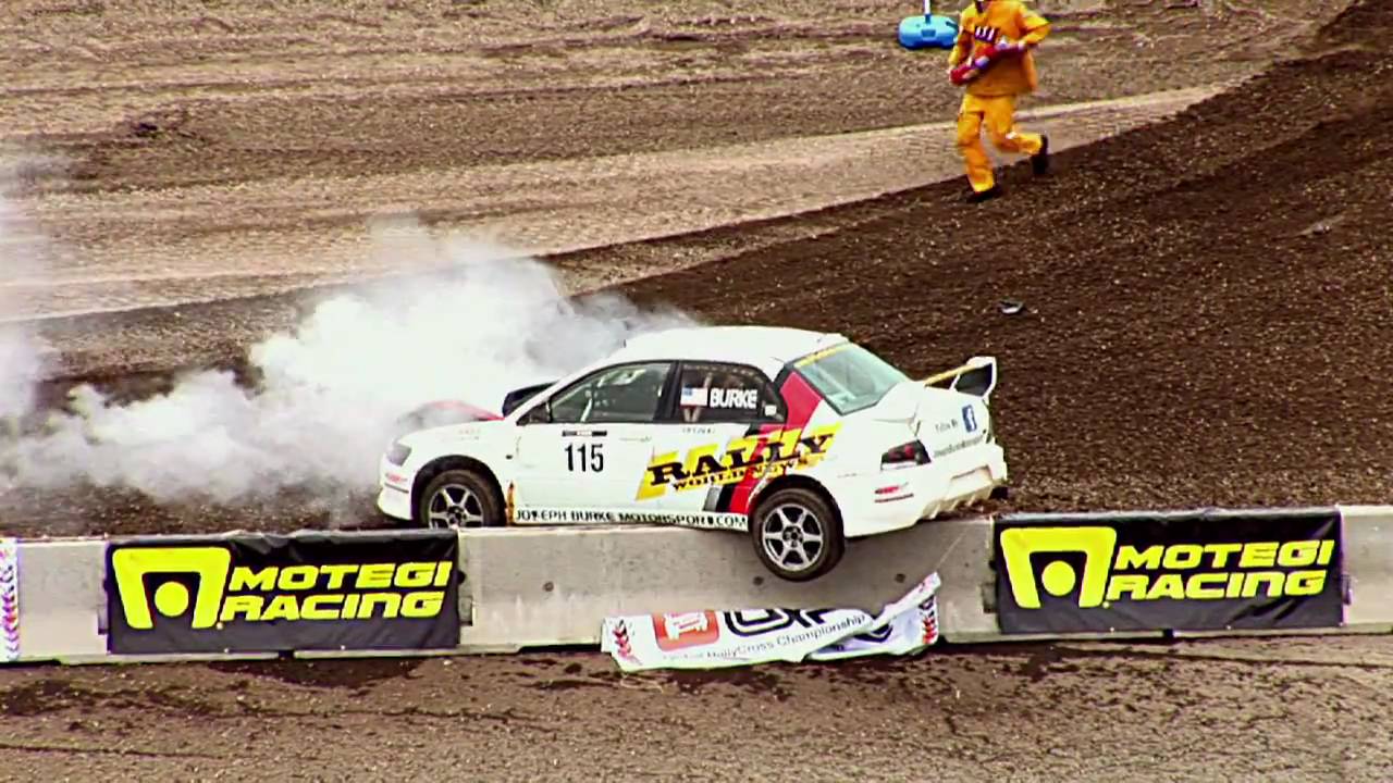 Mitsubishi Evo wrecks at RallyX Irwindale but keeps on going